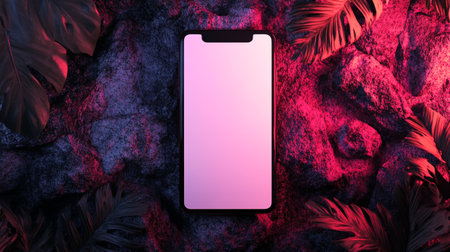Smartphone with blank screen and tropical leaves on stone background. 3D Renderingの素材
