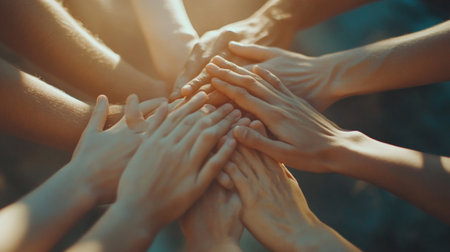 Teamwork concept. Close up of group of people holding hands together.の写真素材