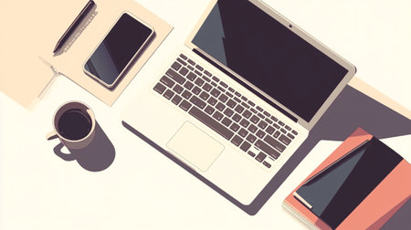 Top view of modern workplace with laptop, tablet, smartphone and coffee cup on white backgroundの写真素材