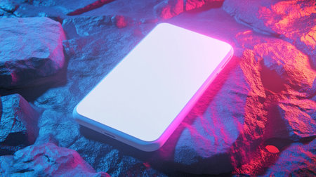 Smartphone with white screen on stone background. 3D Renderingの写真素材