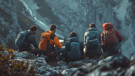Group of hikers sitting on top of a mountain and enjoying the viewの写真素材