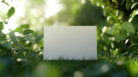 Blank white paper card on green grass with bokeh backgroundの写真素材