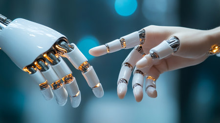 Robot hand holding artificial intelligence or machine learning technology for future of human life.の写真素材