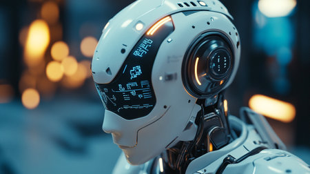 3D rendering humanoid robot looking at camera. Futuristic technology conceptの写真素材