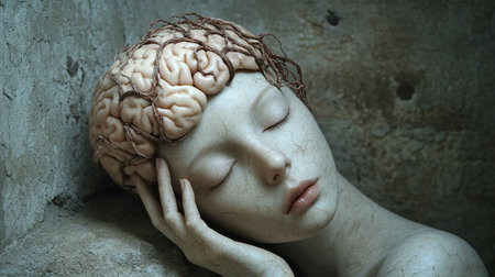 Artistic portrait of a young woman with a brain in her handsの写真素材