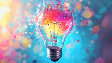 Glowing light bulb on colorful bokeh background. 3D renderingの写真素材
