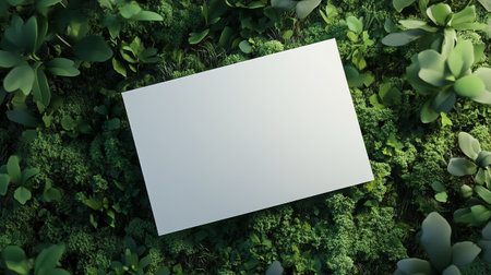 Blank white paper card mockup on green moss background 3D renderingの写真素材