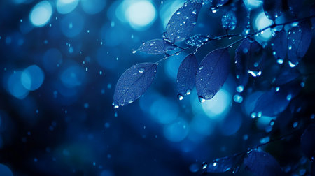 Rain drops on the leaves in the forest. Blue bokeh backgroundの写真素材