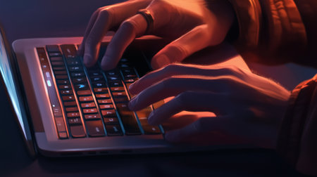 Hacker using laptop in dark room, closeup. Cyber attack conceptの写真素材