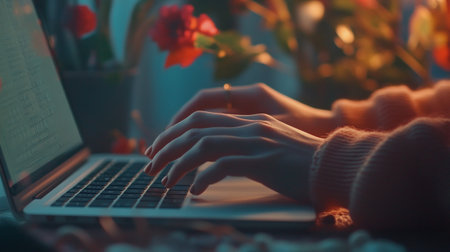 Close-up of female hands typing on laptop keyboard in cozy home atmosphereの写真素材