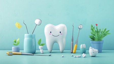Tooth and dental tools on blue background. 3d rendering.の写真素材