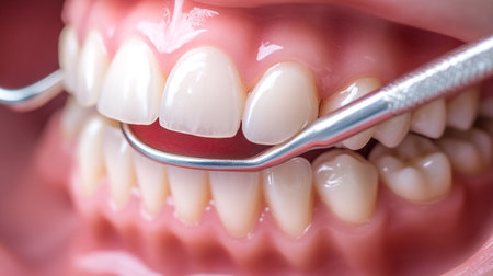 Dental tooth cleaning with dental mirror and probe. Dentistry concept.の写真素材