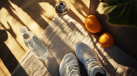 Fitness concept. Sneakers, water and oranges on the floorの写真素材