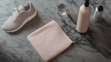 Shower gel bottle, towel and shoe background, top viewの写真素材