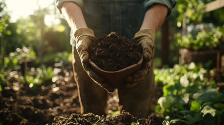 Close-up of a gardener holding a pot full of soilの写真素材