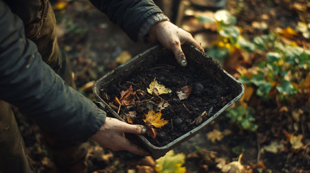 Hands of a woman holding a pot with soil in the autumn forestの写真素材