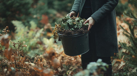 Hands of a young woman in a black coat with a bucket full of autumn leavesの写真素材
