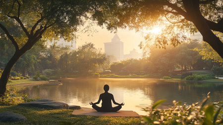 Silhouette of woman practicing yoga in the park at sunset timeの写真素材