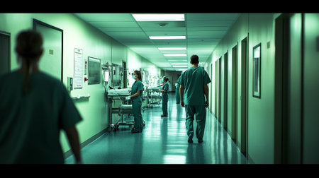 Medical professionals in green scrubs walking through a hospital corridor with patients in beds.の写真素材