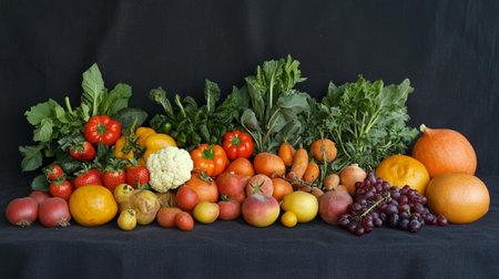 Fruits and vegetables on a black background. Healthy food. Vegetables.の写真素材