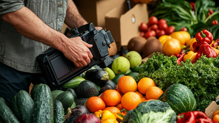 cropped shot of man holding digital camera with fruits and vegetablesetの写真素材