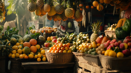 Fruits and vegetables on the counter of a market in India.の写真素材
