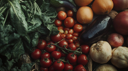 Vegetables and fruits background. Top view, copy space.の写真素材