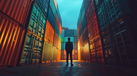 Businessman standing in front of container cargo freight ship at night. Mixed mediaの写真素材