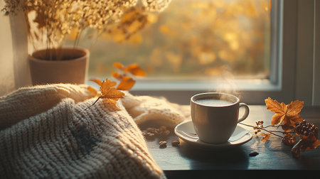 Cup of coffee with warm scarf on windowsill at autumn dayの写真素材