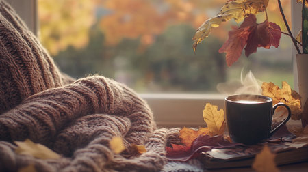 Cozy autumn still life. Cup of hot drink, warm knitted sweater, autumn leaves on the windowsill.の写真素材