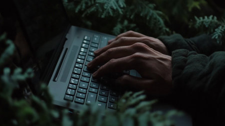 Hands typing on a laptop keyboard in a dark forestの写真素材
