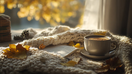 Cup of coffee, book, autumn leaves and warm knitted plaid on windowsill. Cozy autumn concept.の写真素材