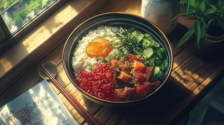 Poke bowl with salmon, avocado, cucumber, red caviar and riceの写真素材