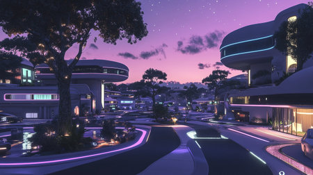 3D render of a night city street in the evening with lightsの写真素材