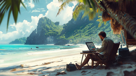 Young man working on laptop computer on tropical beach. Freelance concept.の写真素材