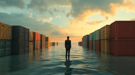 3D render of a man in front of a container at sunsetの写真素材