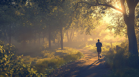 Young woman jogging in the park at sunrise. Healthy lifestyle.の写真素材