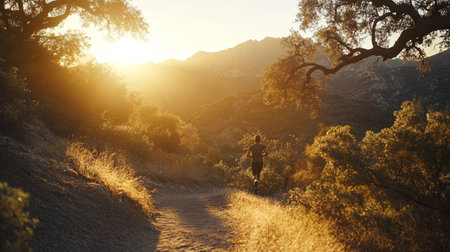 Woman running on a trail in the mountains at sunset. Rear view.の写真素材