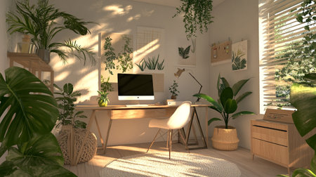 3D render of a home office interior with a computer and plantsの写真素材