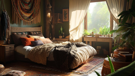 Interior of a cozy bedroom with a large bed and pillowsの写真素材