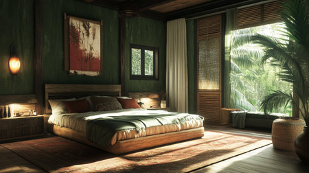 3D rendering of a bedroom interior in a classic style with tropical plantsの写真素材