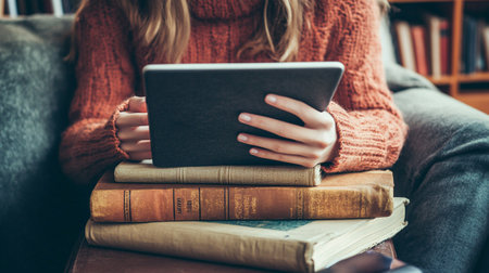 Young woman sitting on a sofa and using a tablet computer. Education concept.の写真素材