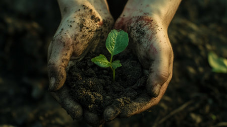 Hands holding a young plant in the soil. Ecology concept.の写真素材
