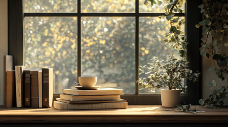 Cup of coffee and books on the windowsill. 3d renderingの写真素材