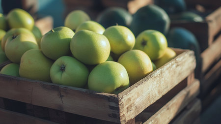 Green apples in a wooden box. Selective focus. nature.の素材