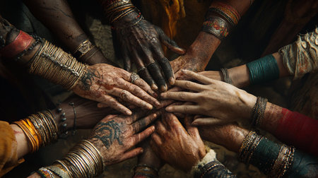 Hands of a group of indian people in traditional clothing.の写真素材