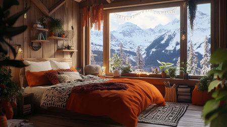Interior of a wooden house in the mountains. 3d renderingの写真素材