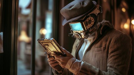 A man in a virtual reality helmet with a tablet in his hands.の写真素材