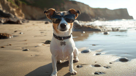 Jack russell terrier dog in sunglasses on the beach.の写真素材