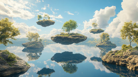 Landscape with green trees floating on the water, 3d renderの写真素材